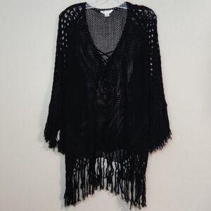 Hula Moon 💯% Cotton Black Oversized Crochet Swim Cover-Up, Size S~NWOT